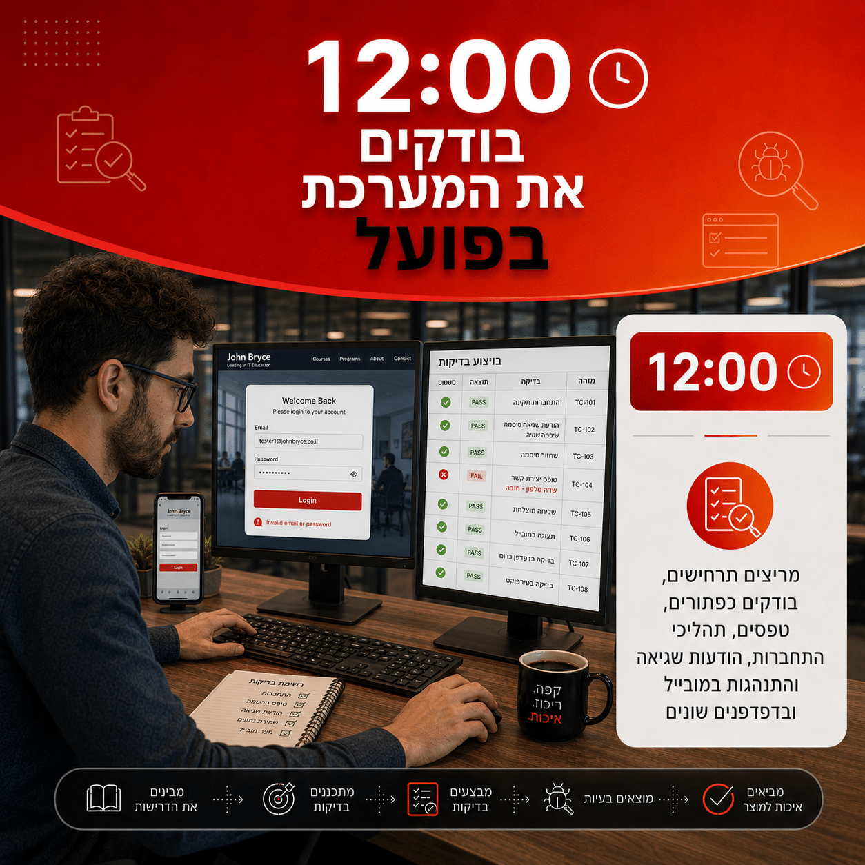 בודק QA מבצע בדיקות מערכת בפועל באתר ובמובייל