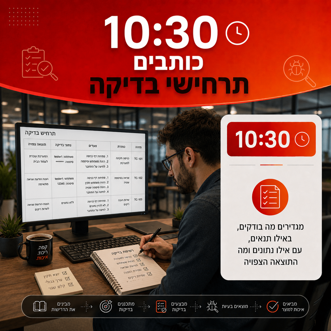 בודק תוכנה מתכנן תרחישי בדיקה כחלק מעבודת QA