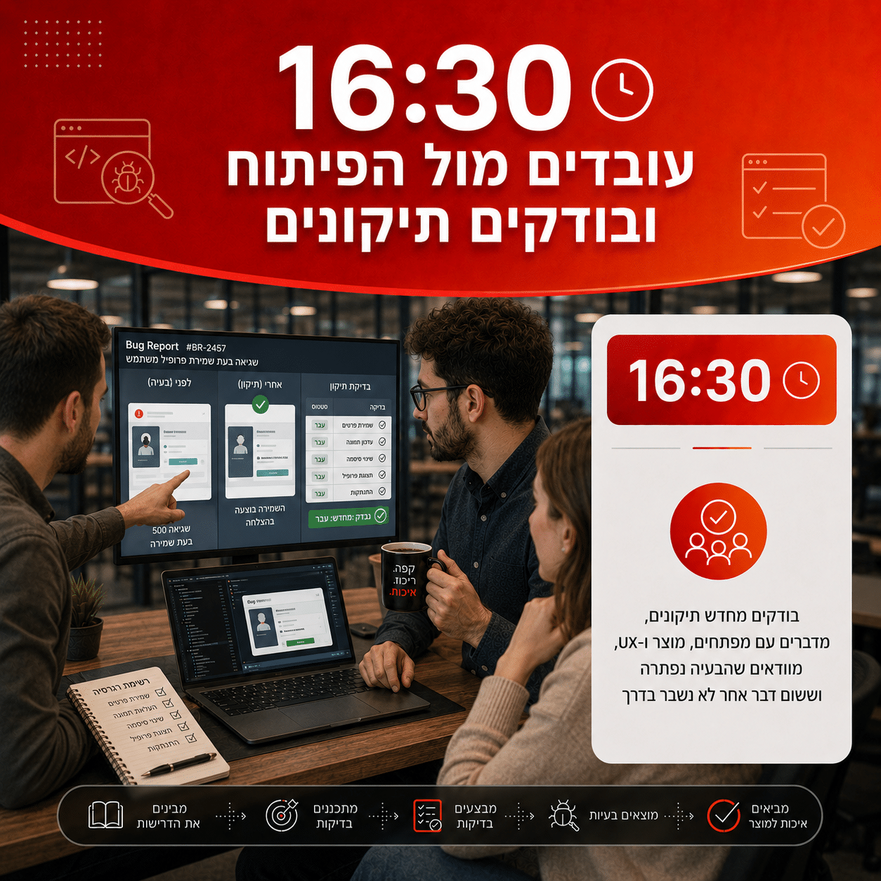 עבודת QA מול צוות פיתוח לבדיקת תיקונים ושיפור איכות המוצר